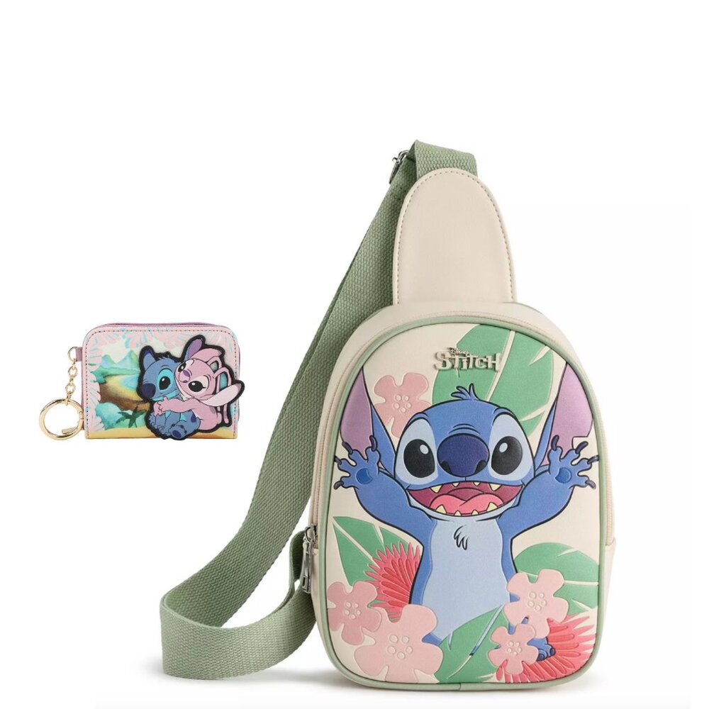 Disney Stitch Hawaiian Sling Bag Backpack and Stitch and Angel Wallet Gift Set